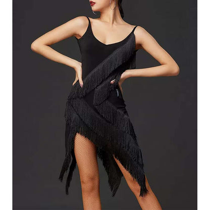 HC Women's Black Spaghetti Straps Tassel Dance Dress DanceWear Performance Clothes