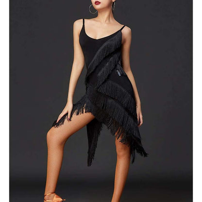 HC Women's Black Spaghetti Straps Tassel Dance Dress DanceWear Performance Clothes