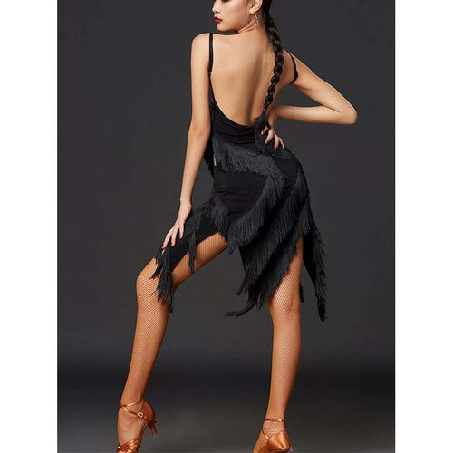 HC Women's Black Spaghetti Straps Tassel Dance Dress DanceWear Performance Clothes