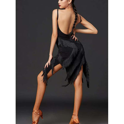 HC Women's Black Spaghetti Straps Tassel Dance Dress DanceWear Performance Clothes